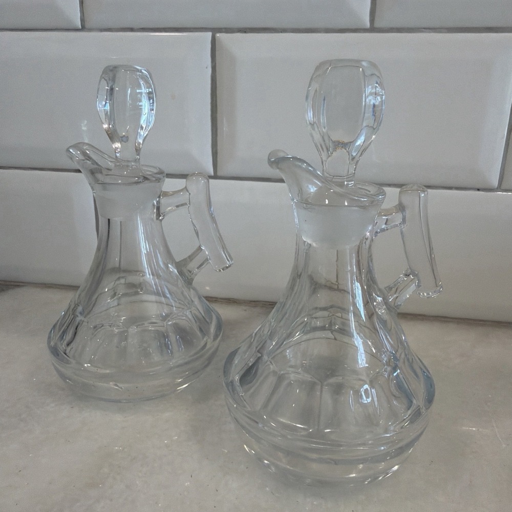 Set Of 2 Vintage 1940s Fostoria Raleigh Glass Oil & Vinegar Cruet Stopper ES008